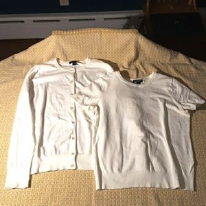 Lands End Ivory  Supima Cardigan & Short Sleeve Sweater Twin Set size Small